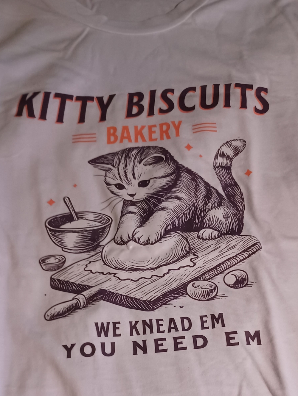 Kitty Biscuits Bakery Cat T-Shirt - White with Orange and Brown Print